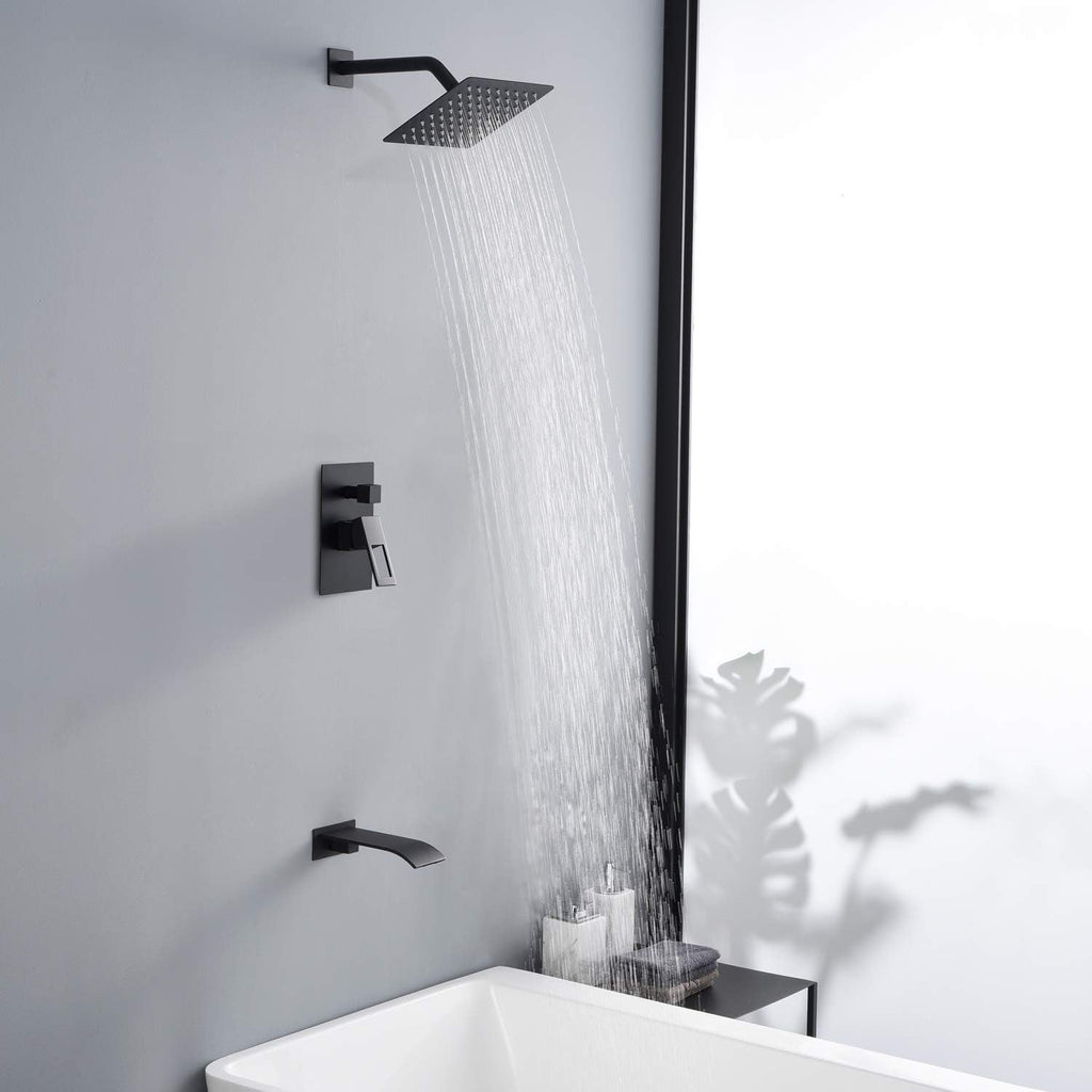 sumerain Black Tub and Shower Faucet Set with Anti-scalding Pressure Balance Valve, Waterfall Tub Spout and 8 Inch Rain Shower Head