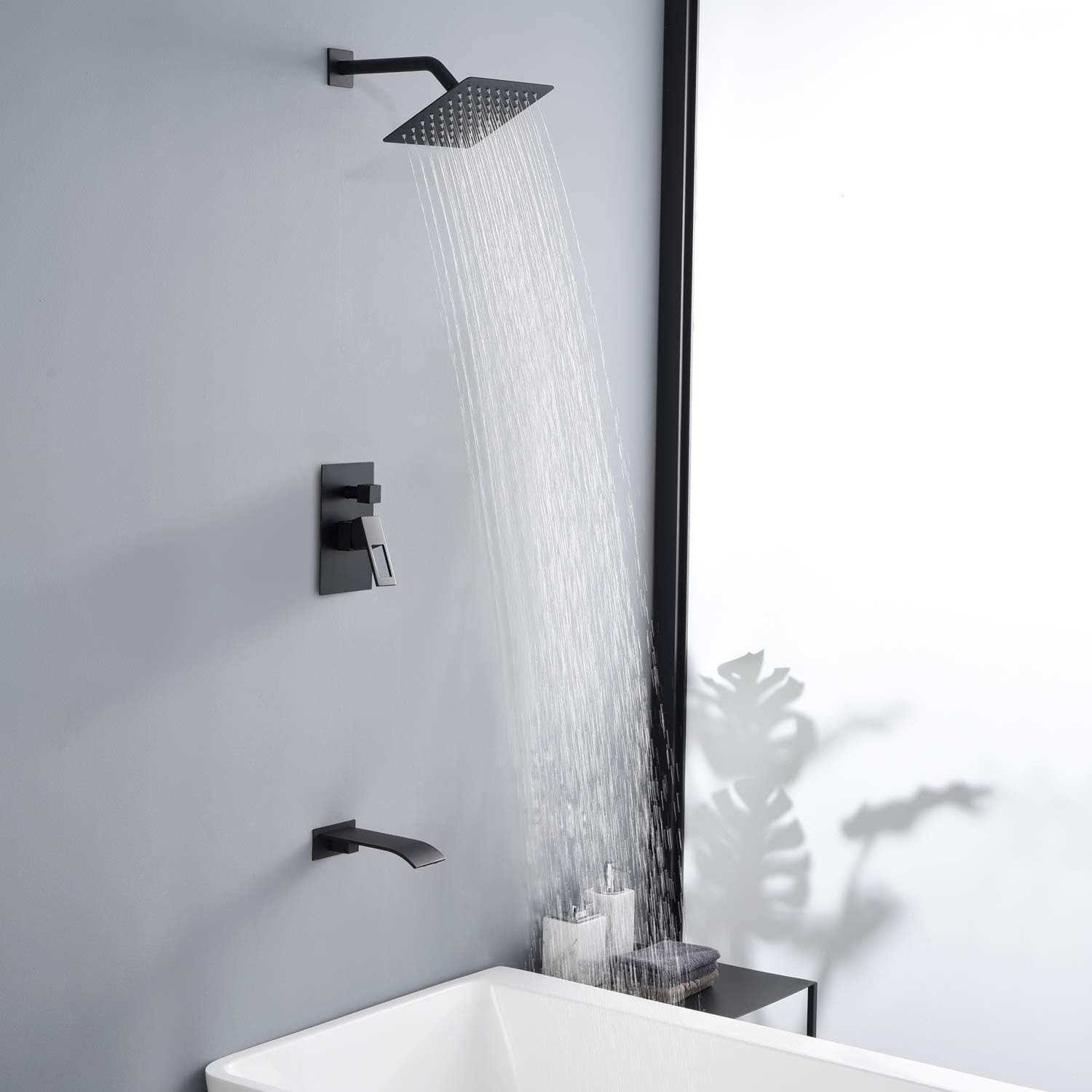 sumerain Black Tub and Shower Faucet Set with Anti-scalding Pressure Balance Valve, Waterfall Tub Spout and 8 Inch Rain Shower Head