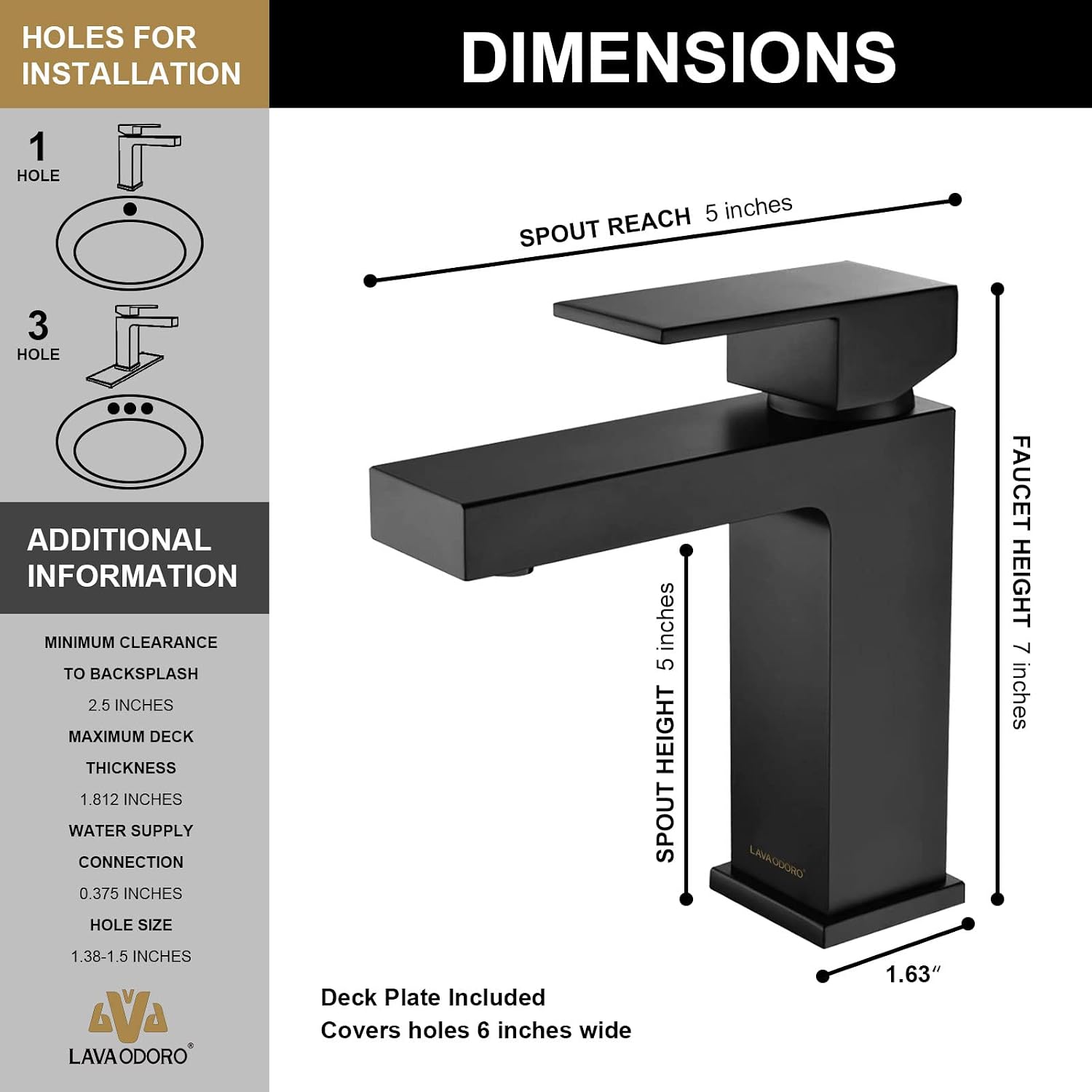 Lava Odoro Matte Black Bathroom Faucet 1 Hole, Modern Single Hole Bathroom Sink Faucet for Vanity with Pop up Drain Assembly, Deck Plate Included, 1.2 GPM Water Flow, BF307-B