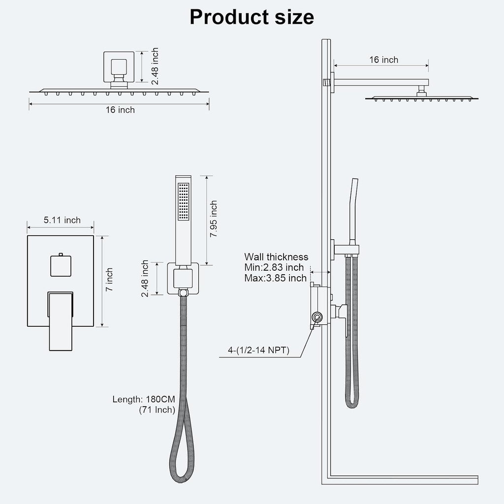 FPXRNG Shower Faucet Set Rainfall Shower System with Square Shower Head and Handle Set Rough-in Valve and Metal Trim Kit Included Matte Black 16 Inch Wall Mounted Shower Fixtures