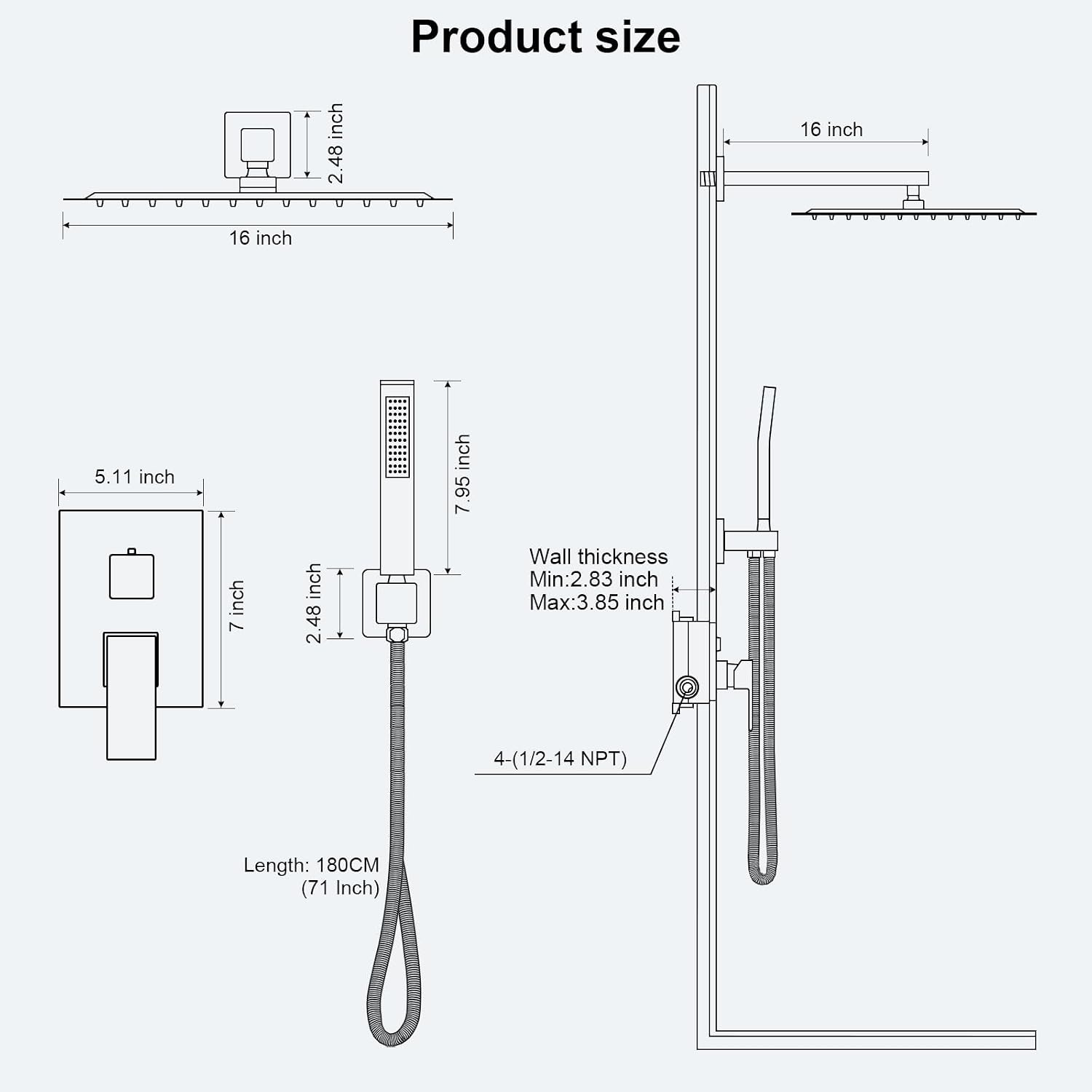 FPXRNG Shower Faucet Set Rainfall Shower System with Square Shower Head and Handle Set Rough-in Valve and Metal Trim Kit Included Matte Black 16 Inch Wall Mounted Shower Fixtures