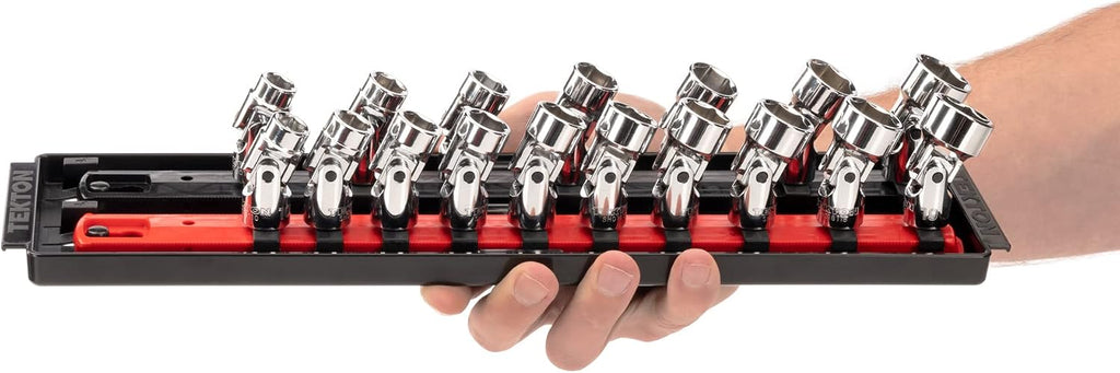 TEKTON 3/8 Inch Drive Shallow 6-Point Universal Joint Socket Set with Rails and Tray, 17-Piece (3/8-3/4 in., 10-19 mm) | SHD91217
