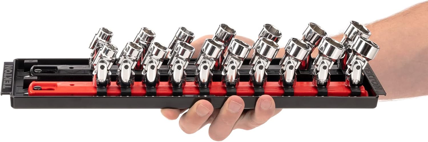 TEKTON 3/8 Inch Drive Shallow 6-Point Universal Joint Socket Set with Rails and Tray, 17-Piece (3/8-3/4 in., 10-19 mm) | SHD91217
