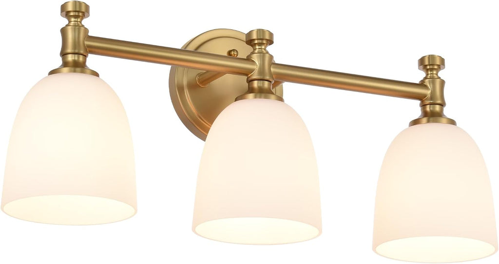 Gold Bathroom Vanity Light, 3-Light Bathroom Light Fixtures Over Mirror, Traditional Vanity Lights for Living Room, Milk White Bell Glass Shades, Standard E26 Base, Aged Brass