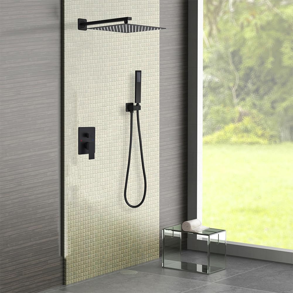 Matte Black Shower System 10 Inch Bathroom Luxury Rain Mixer Shower Combo Set Wall Mounted Rainfall Shower Head and Handheld System Shower Faucet Rough-in Valve Body and Trim Kit