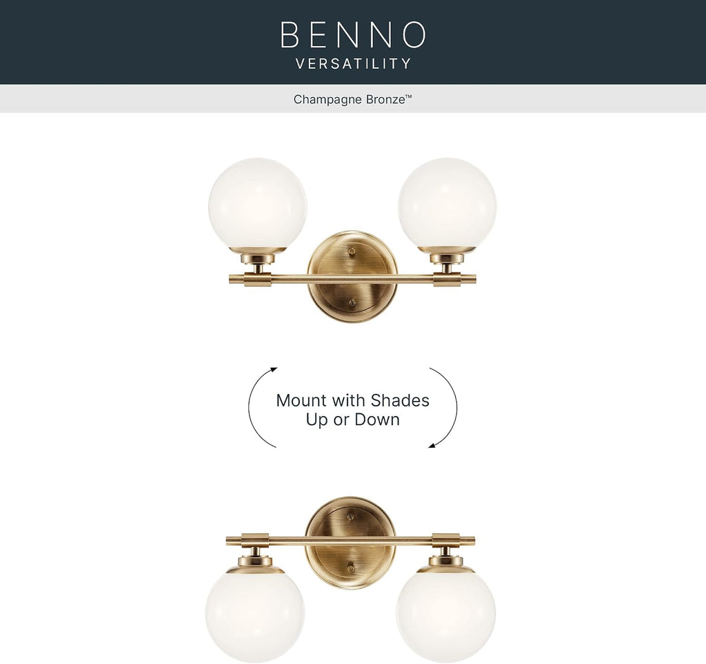 Kichler Benno 2-Light Bathroom Vanity Light Fixture, Modern Wall Mount Light with Opal Glass in Champagne Bronze for Bathroom or Powder Room (9.75' x 14.75'), 55171CPZ