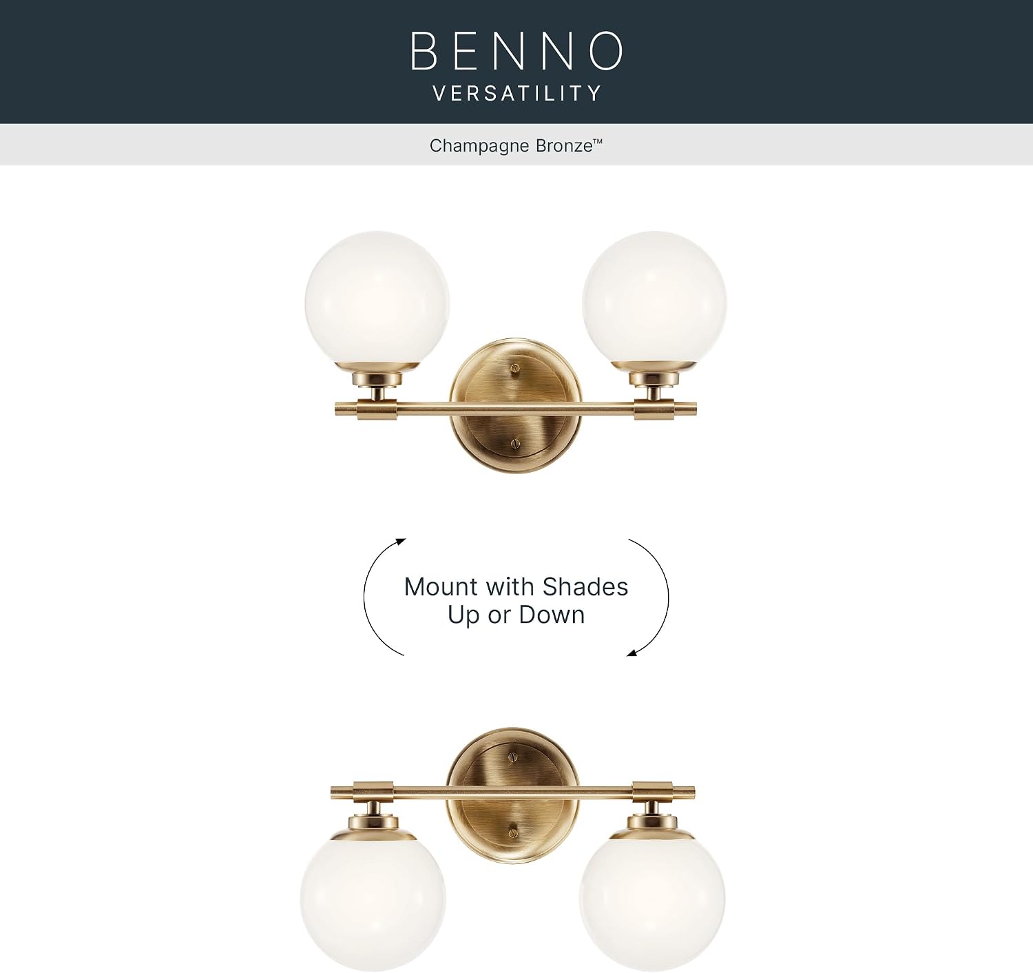 Kichler Benno 2-Light Bathroom Vanity Light Fixture, Modern Wall Mount Light with Opal Glass in Champagne Bronze for Bathroom or Powder Room (9.75' x 14.75'), 55171CPZ