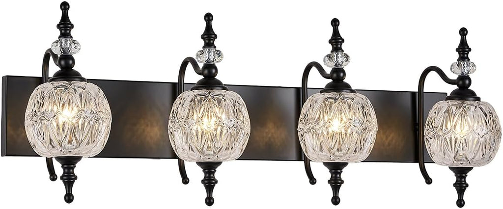 Black 4 Lights Bathroom Vanity Light Fixtures, Modern Bathroom Vanity Lights Painted Black Surface with Thick Crystal Glass Shade, Wall Sconces for Bathroom Bedroom