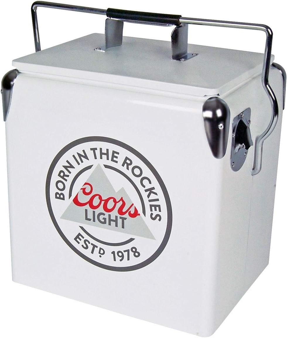 Coors Light Ice Chest Cooler - Portable Ice Bucket with Bottle Opener, Vintage Style, Insulated for Camping, Beach, Picnic, RV, BBQs, Tailgating, Fishing, Steel-Belted 18 Can Ice Box, 13L (14 qt)