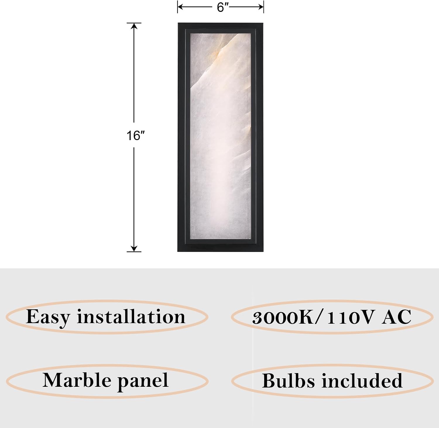 2 Pack 16 Inch Natural Alabaster Bathroom 20W-3000K LED Home Wall Sconce Modern Concise Style Wall Light Fixture,Black Finish for Bedroom Hallway Bedside Living Room