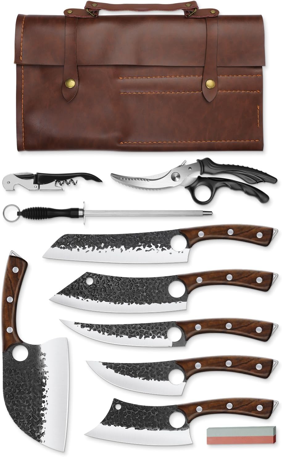 Purple Dragon Butcher Knife Set - 12 Pcs Kitchen Knife Set - Hand Forged Serbian Meat Cleaver Boning Viking Knives, Knives with Roll Bag for Home Cooking BBQ - Christmas Gift for Men and Women