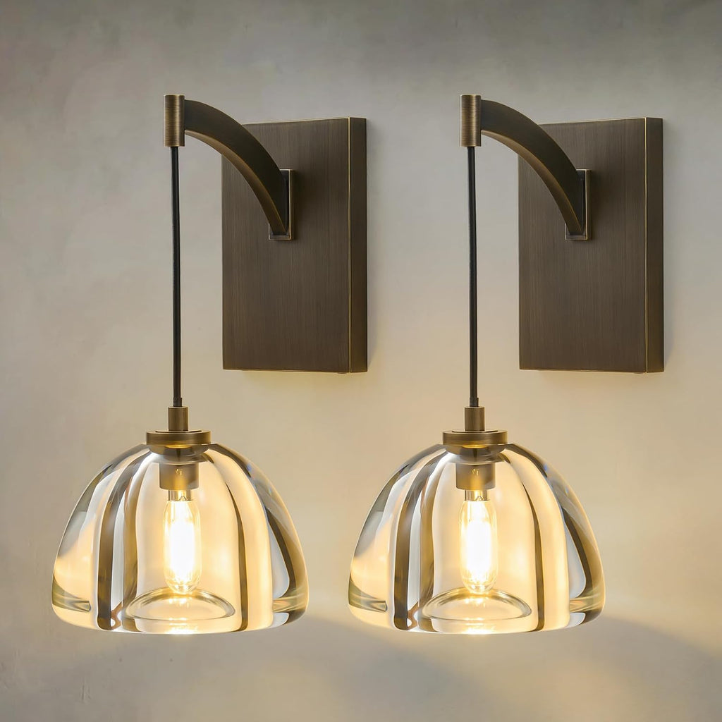 Crystal Brass Dome Wall Sconce - Luxury Antique Brushed Lighting Fixture with K9 Crystals Cloche - Set of 2 Modern Gold Sconces - Dimmable Indoor Hanging Light for Bathroom Bedroom Living Room Stair