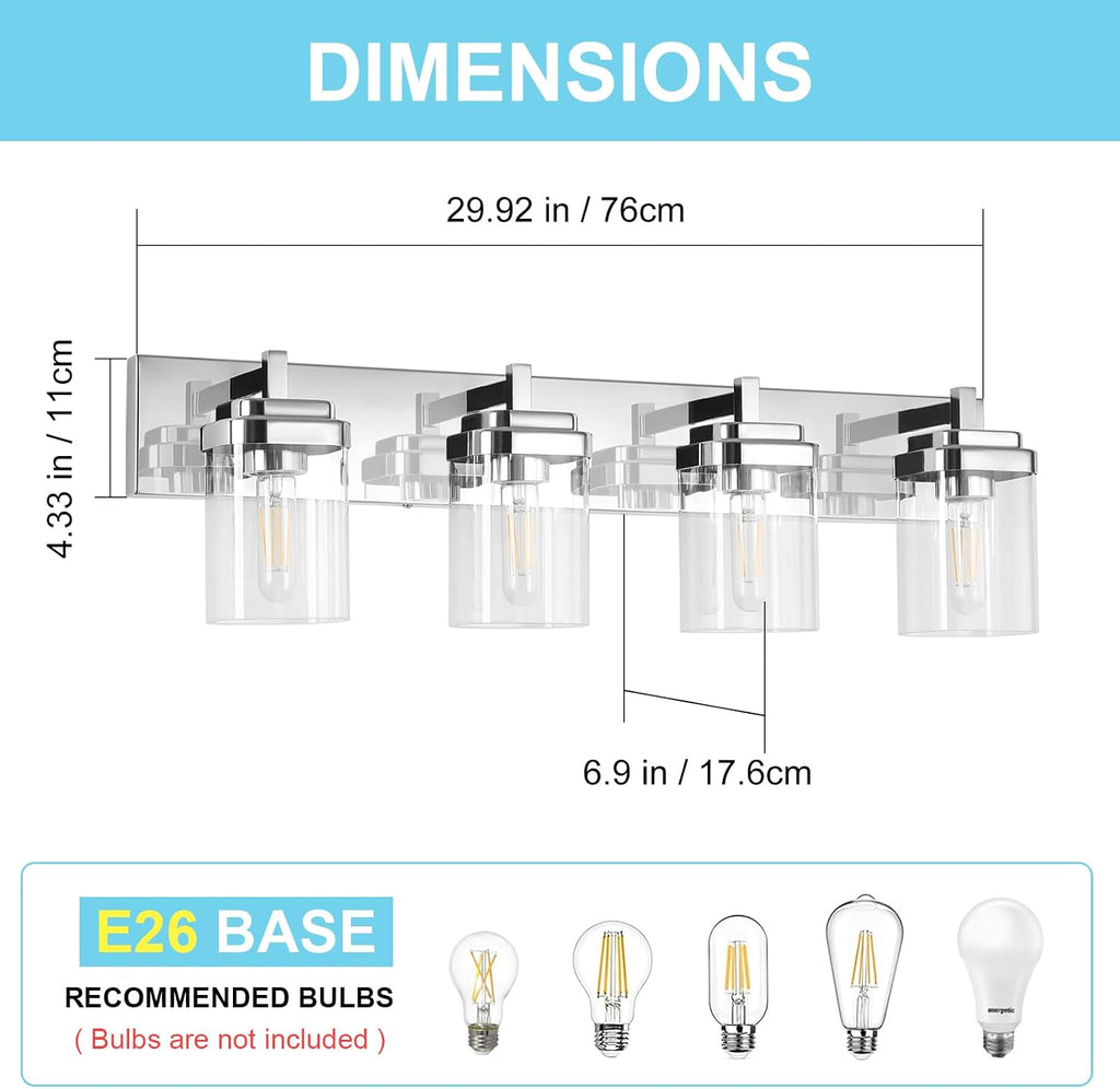 4-Light Vanity Light Fixture, Bathroom Wall Sconces, Bathroom Vanity Lighting Over Mirror | Square Clear Glass Shade | Bulbs Not Included | E26 Socket | Chrome