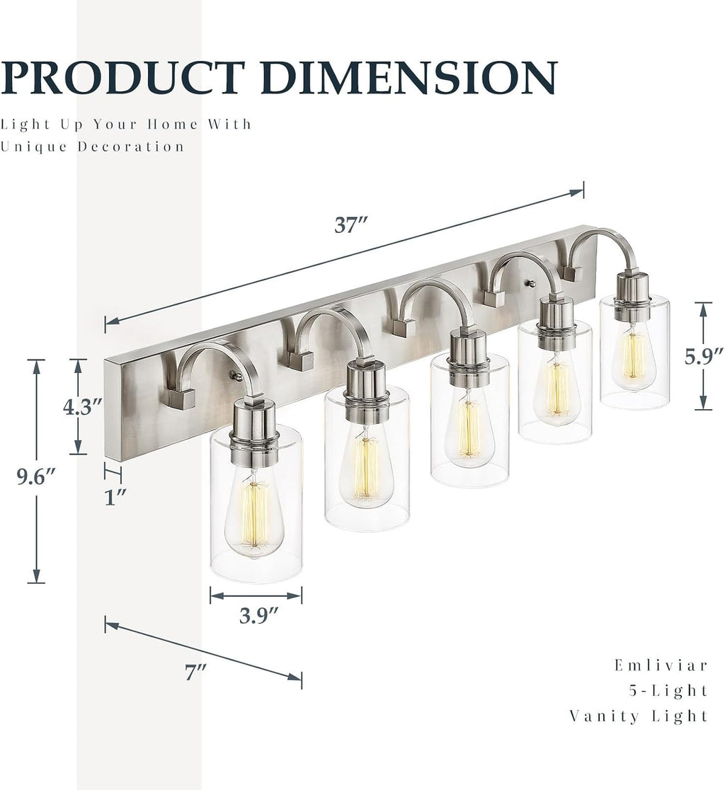 Emliviar 5-Light Bathroom Vanity Light Fixture, 37' Bath Wall Light Fixtures in Brushed Nickel Finish with Clear Glass, YCE237B-5W BN
