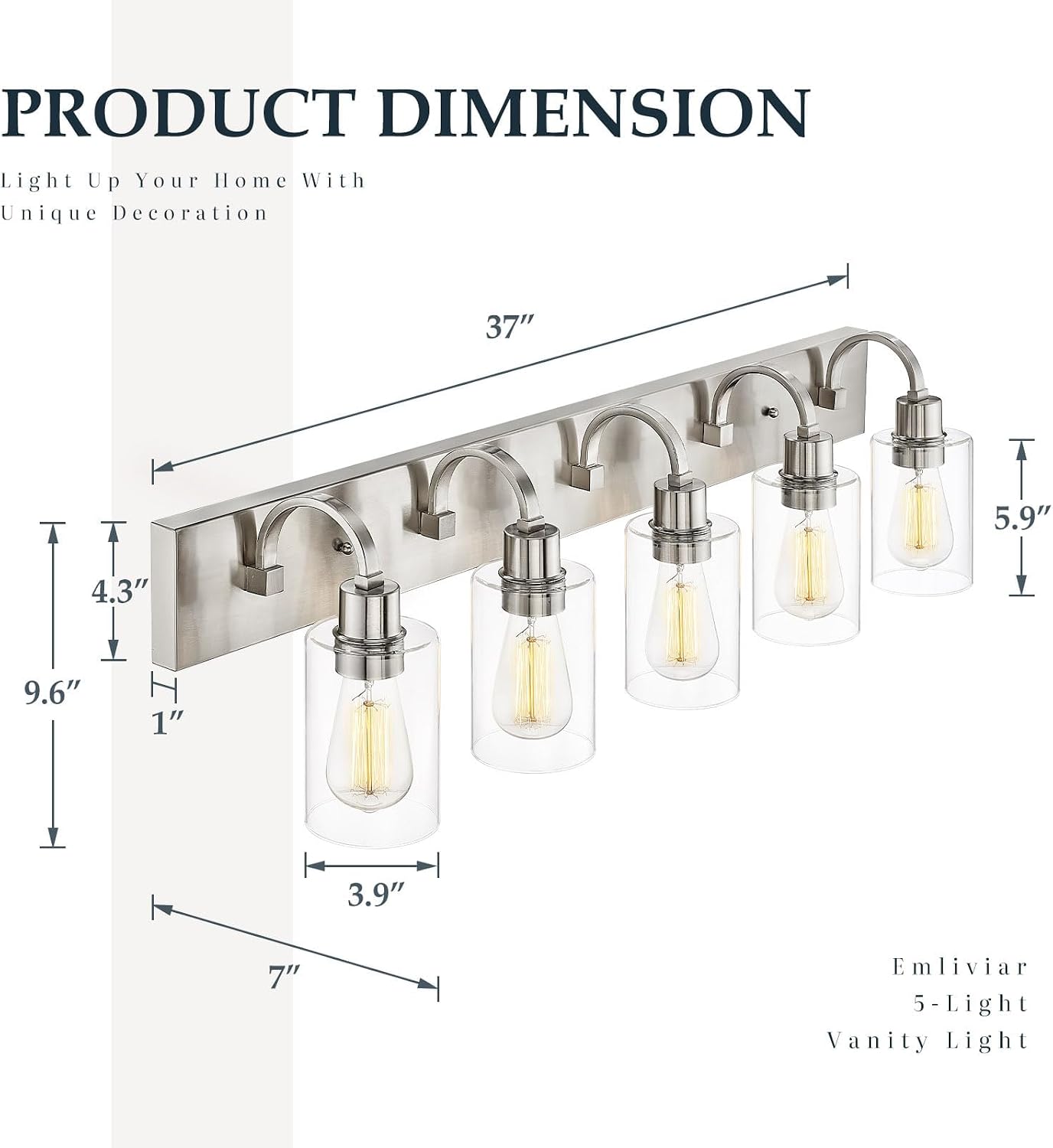 Emliviar 5-Light Bathroom Vanity Light Fixture, 37' Bath Wall Light Fixtures in Brushed Nickel Finish with Clear Glass, YCE237B-5W BN