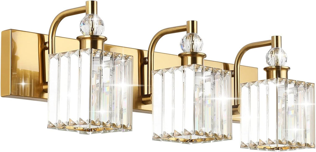 Ralbay Crystal Bathroom Vanity Lights 3-Lights 24'' Modern Crystal Gold Bathroom Lighting Fixtures Over Mirror