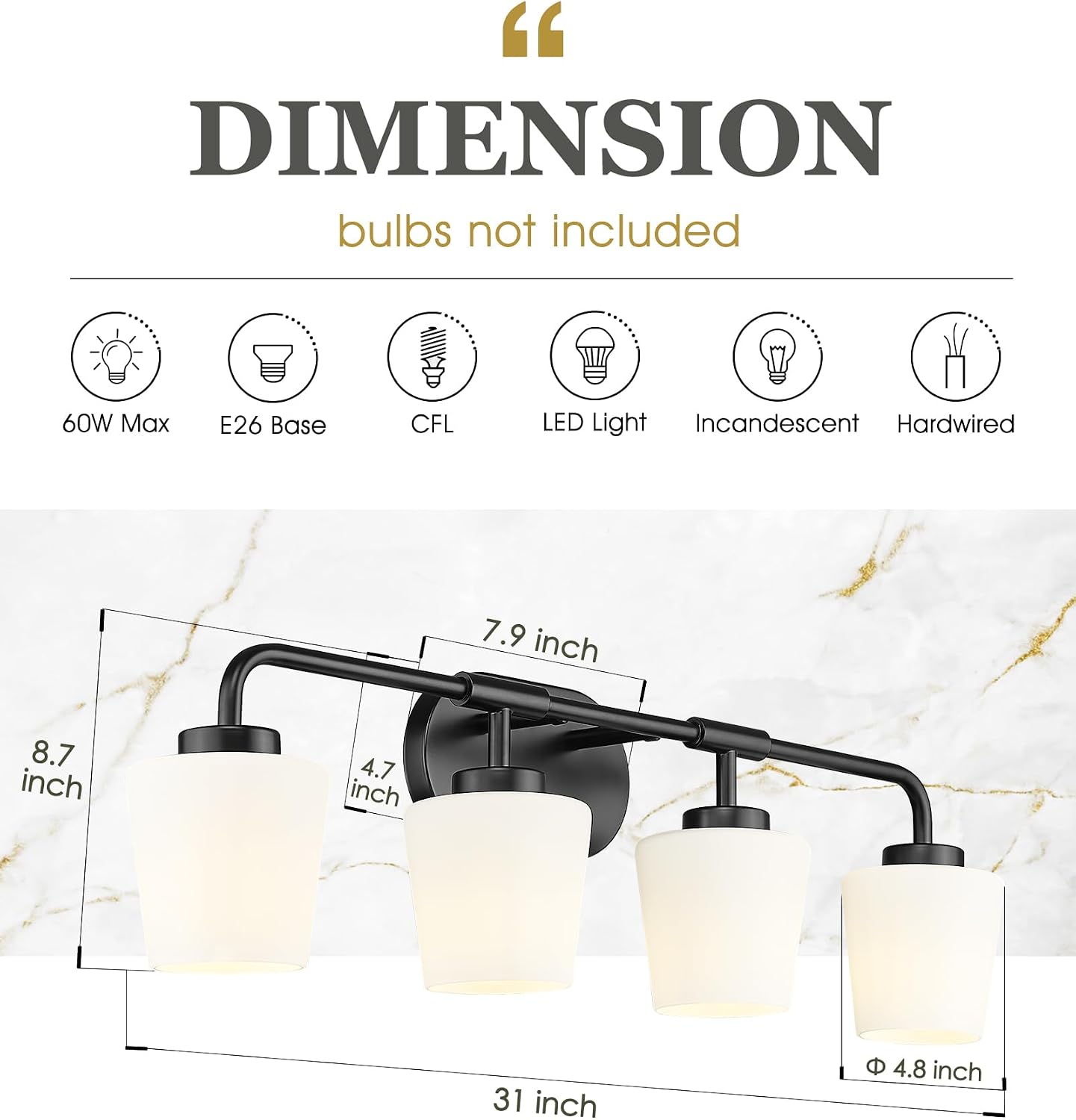 4-Light Black Bathroom Light Fixtures Over Mirror, White Glass | Vanity Lighting Fixtures with Milk White Glass, Vintage Farmhouse Wall Sconces Lighting, AD-22004-4W-BK