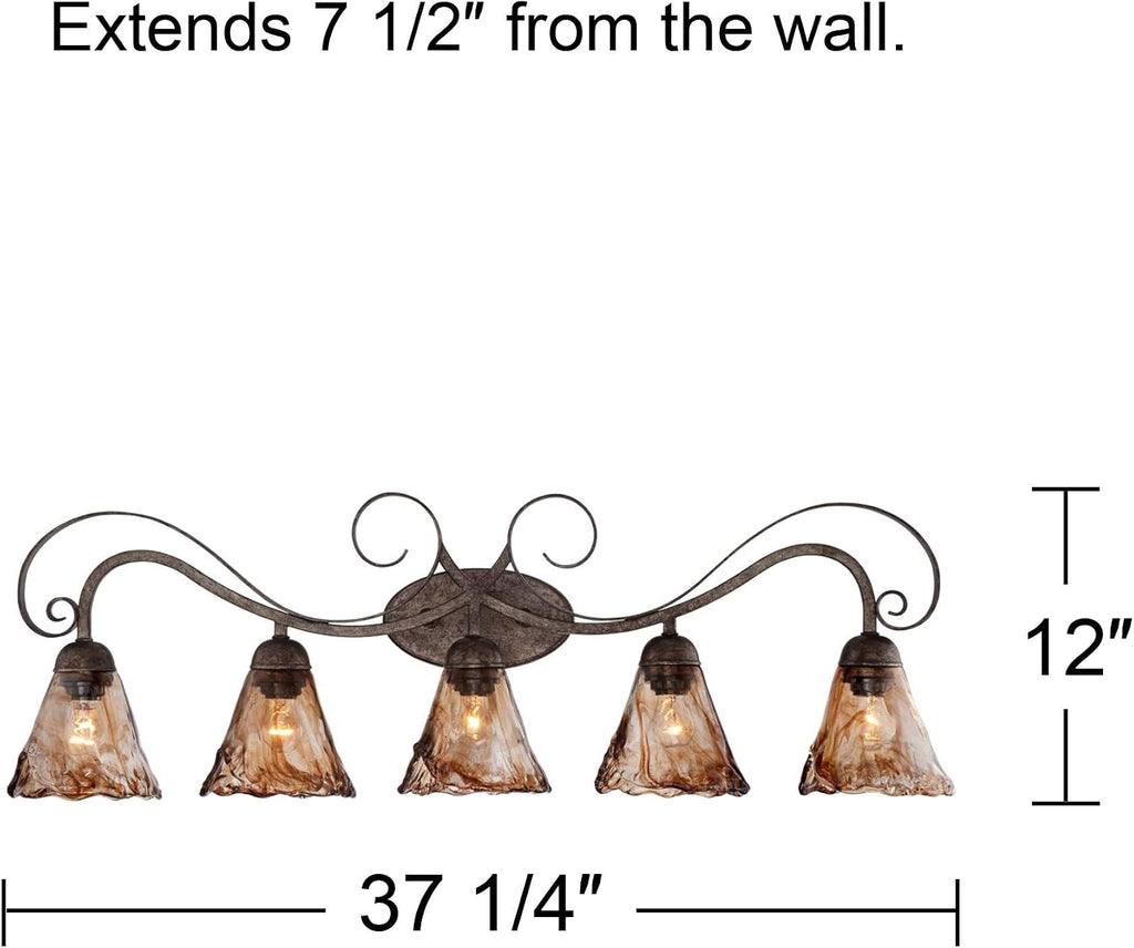 Franklin Iron Works Amber Scroll Rustic Vintage Wall Mount Light Golden Bronze Silver Metal 37 1/4' Wide 5-Light Vanity Fixture Organic Art Glass Shades Decor for Bathroom Over Mirror House Home