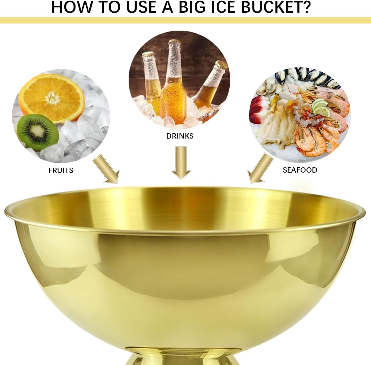 3 Gallon 12L Stainless Steel Beverage Tub Insulated Ice Bucket Metal Champagne Bowl with Base Large Size Ice Bowl for Wine Beer Home Bar Parties（Gold）