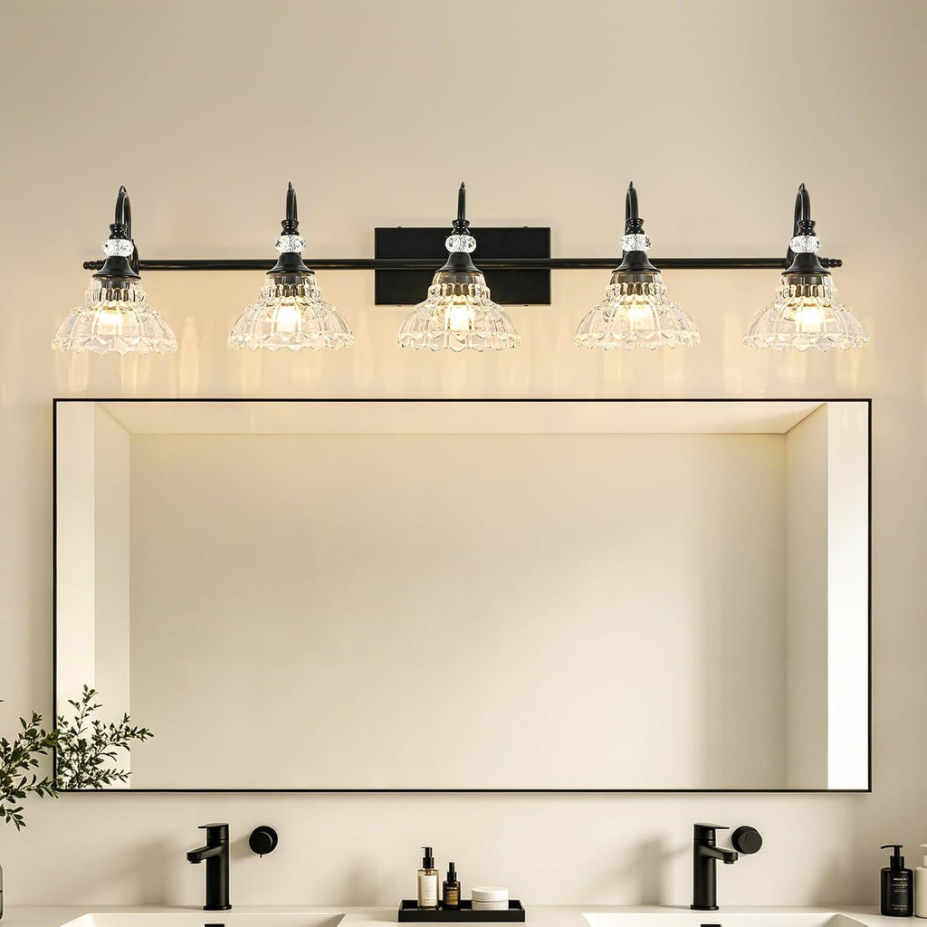 Black Bathroom Vanity Light, 5-Light Matte Black Finish Farmhouse Wall Sconce with Hanging Crystal Accent and Flower-Shaped Clear Glass Shade, Wall Mount Vanity Light Over Mirror for Bathroom