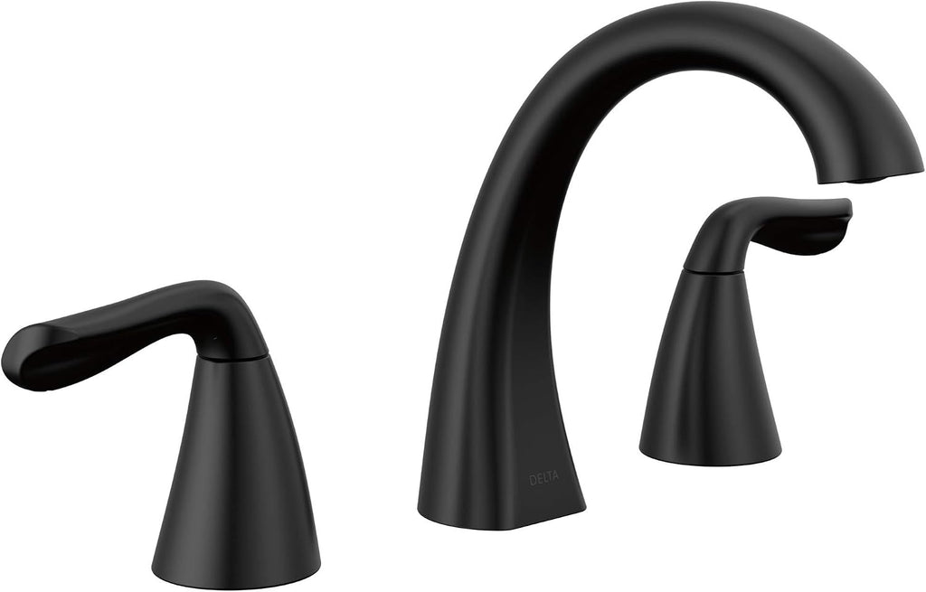 Delta Arvo Matte Black Bathroom Faucet 3 Hole, 8 Inch Widespread Bathroom Sink Faucet for Vanity, Push-Pop Drain Assembly, Matte Black 35840LF-BL