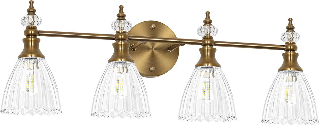 Large Bathroom Vanity Light 4 Lights, 26 Inch Brushed Gold Vintage Vanity Light Fixture with Clear Glass Shades, G9 Base Wall Mounted Light for Oversized Mirror, Luxury Bathroom, Master Bedroom