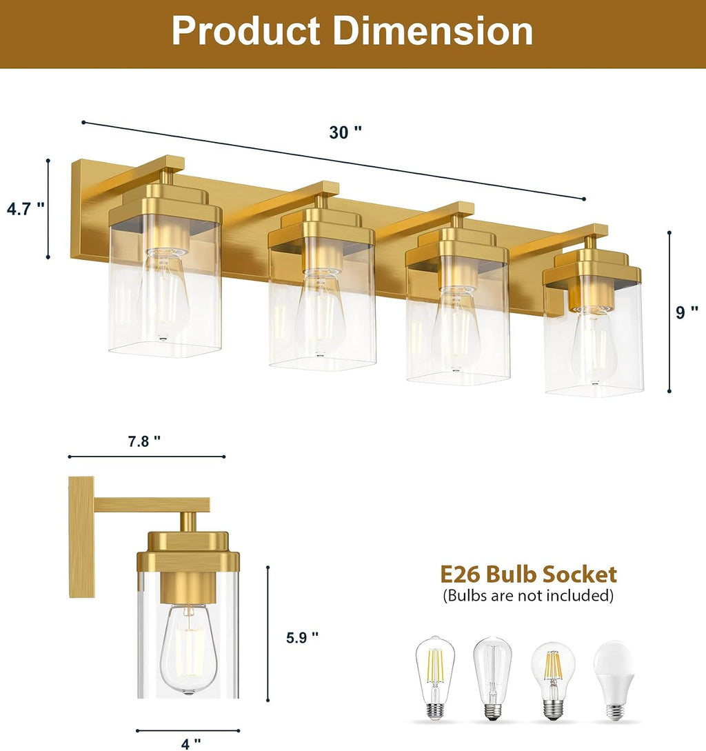 Brushed Gold Bathroom Light Fixtures, 4 Lights Bathroom Lighting Fixtures Over Mirror, Square Design & Rectangle Large Backplate, Modern Vanity Lighting Fixtures, for Living Room/Bedroom