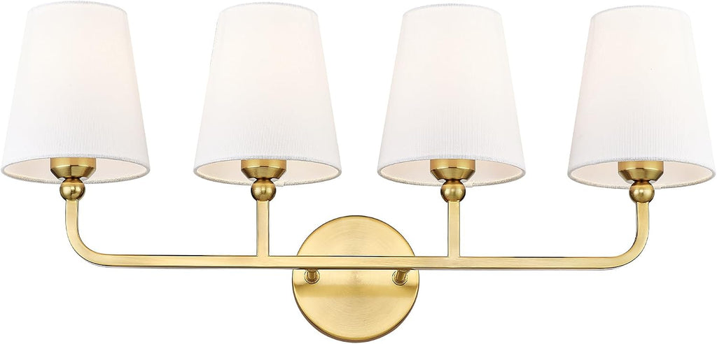 Bathroom Light Fixtures, 4 Light Brushed Gold Vanity Lights with Flared White Fabric Shade, 28 Inch Wall Sconce, Modern Sconces Wall Lighting for Hallway Bedroom, VL837-BG-4