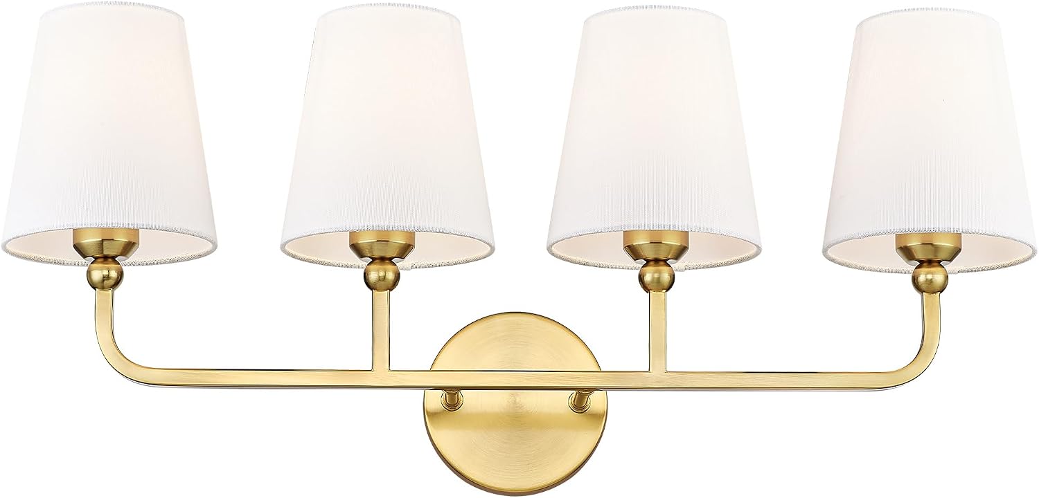 Bathroom Light Fixtures, 4 Light Brushed Gold Vanity Lights with Flared White Fabric Shade, 28 Inch Wall Sconce, Modern Sconces Wall Lighting for Hallway Bedroom, VL837-BG-4