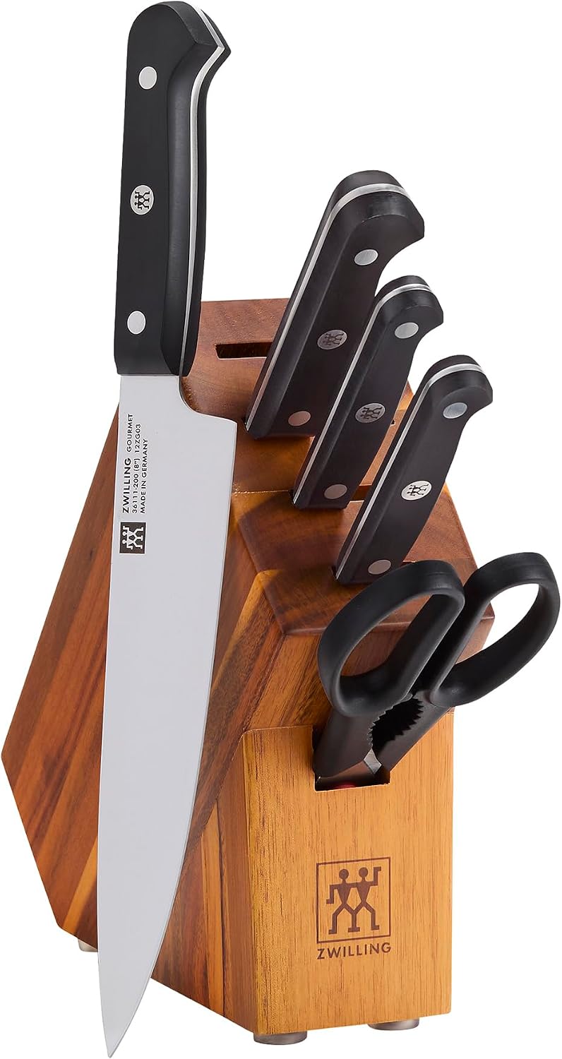 ZWILLING Gourmet 6-pc Knife Block Studio Set, 4-inch Pairing, 5-inch Serrated Utility, 6-inch Slicing, 8-inch Chef's, 5-Slot Acacia Studio Block, Shears, Made in Germany