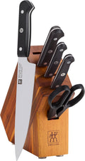ZWILLING Gourmet 6-pc Knife Block Studio Set, 4-inch Pairing, 5-inch Serrated Utility, 6-inch Slicing, 8-inch Chef's, 5-Slot Acacia Studio Block, Shears, Made in Germany