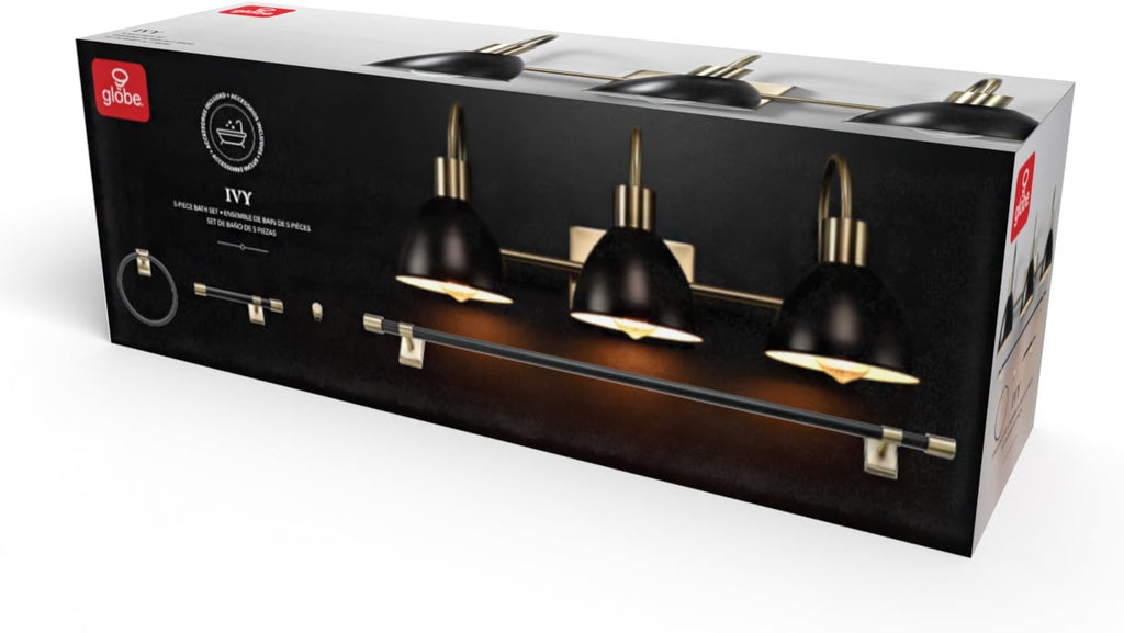 GLOBE Electric 63000058 5-Piece All-in-One Bathroom Accessory Set, Brass & Black, 3-Light Vanity Light, Towel Bar, Toilet Paper Holder, Towel Ring, Robe Hook, Bathroom Lights Over Mirror