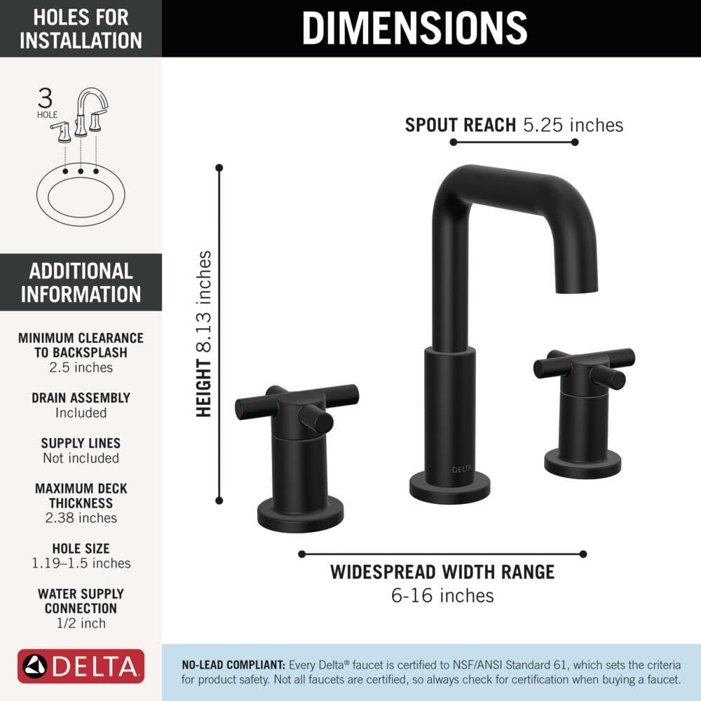 Delta Nicoli Matte Black Bathroom Faucet 3 Hole, 8 Inch Widespread Bathroom Sink Faucet for Vanity, Push-Pop Drain Assembly, Matte Black 35894LF-BL