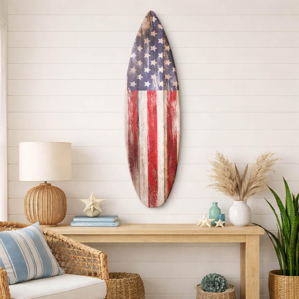 American Art Decor Surfboard Plaque Wall Sign - Beach House Wall Art - Large Tropical/Coastal Home Decor for Living Room, Bedroom, Bathroom, Patio, or Bar (Vintage Americana Flag, 60'x15')