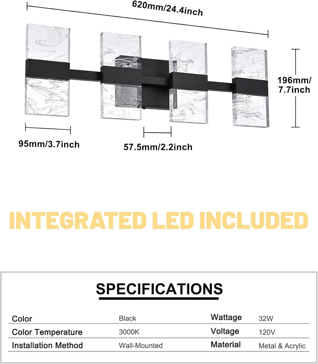 Black LED 3000K Bathroom Light Fixture, Modern 4-Lights Vanity Lighting with Smoke Acrylic Shades, Wall Lamp Over Mirror for Kitchen Bedroom Dress Table (Integrated Led Chips Included)