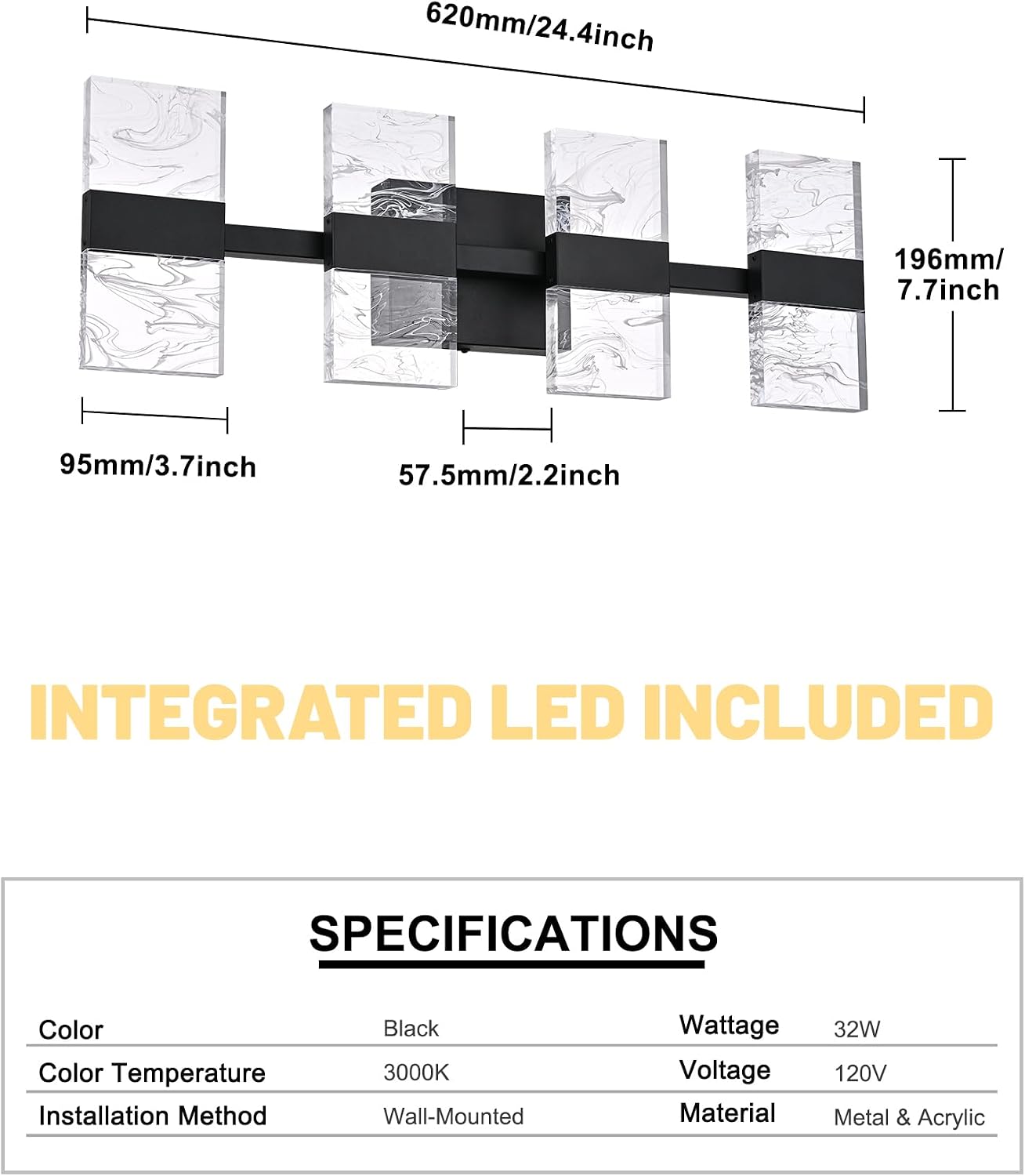 Black LED 3000K Bathroom Light Fixture, Modern 4-Lights Vanity Lighting with Smoke Acrylic Shades, Wall Lamp Over Mirror for Kitchen Bedroom Dress Table (Integrated Led Chips Included)