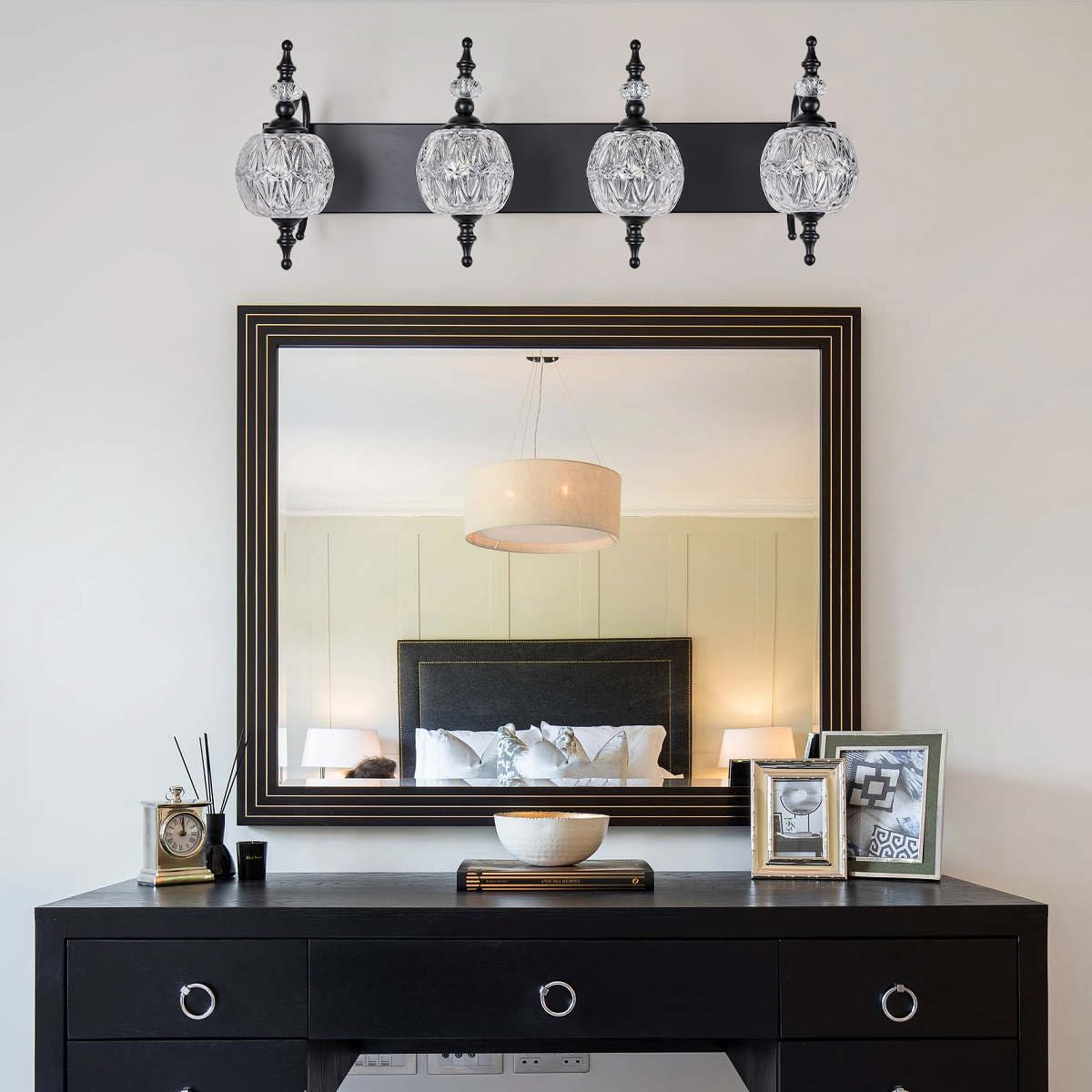 Black 4 Lights Bathroom Vanity Light Fixtures, Modern Bathroom Vanity Lights Painted Black Surface with Thick Crystal Glass Shade, Wall Sconces for Bathroom Bedroom