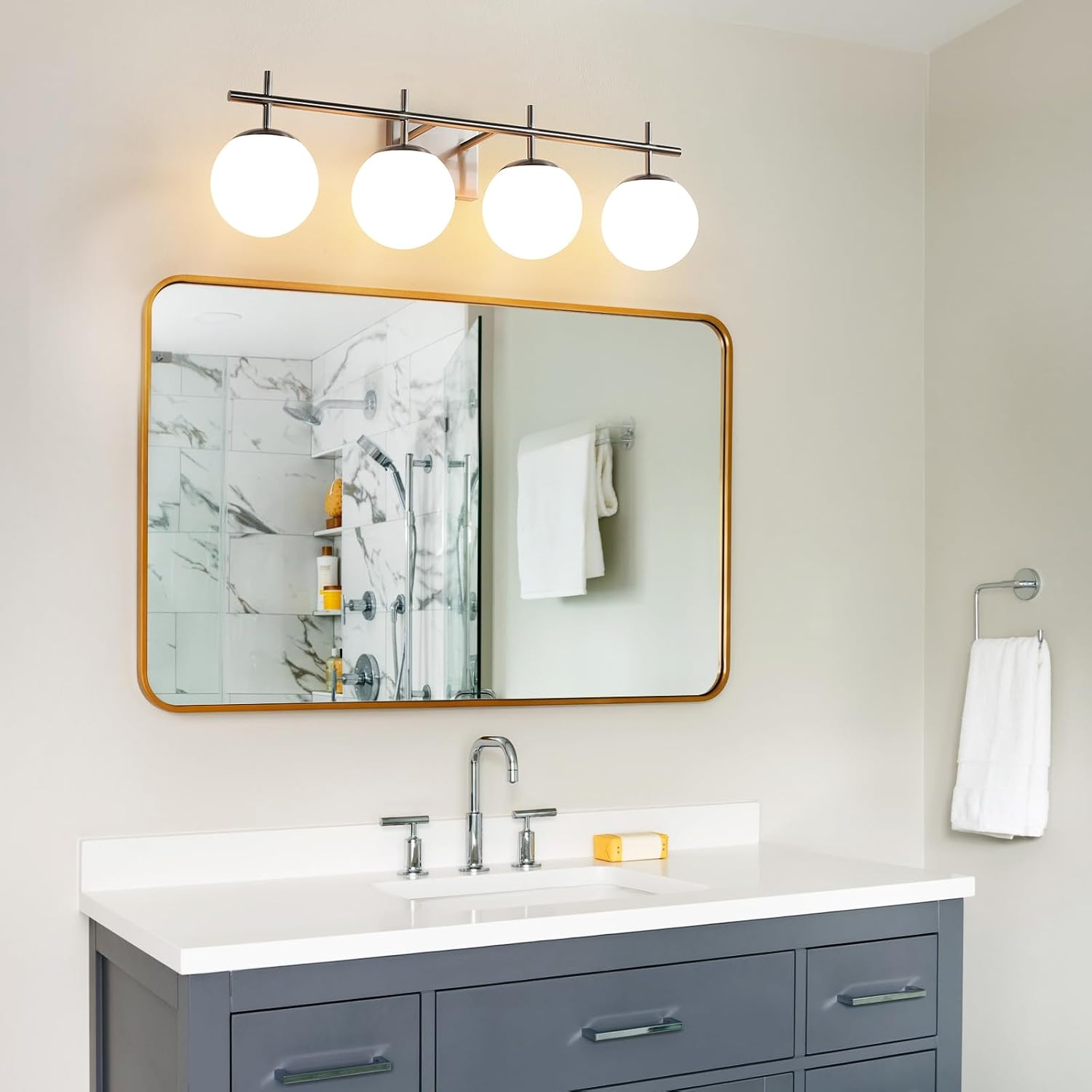 AIJIASI Bathroom Vanity Light, 4-Light Brushed Nickel Vanity Lights, 30.7 Inch Modern Bathroom Light Fixtures with Milky White Glass Globe Shade, Vanity Lighting Fixtures Over Mirror Wall Sconce