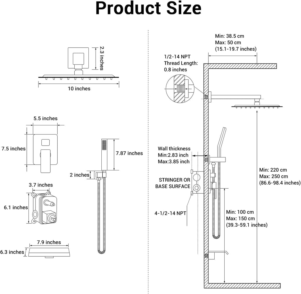 10' Rain Shower Faucet Set with Tub Spout,Oil Rubbed Bronze | Anti-scald cartridge, air tech boosts pressure 50%, 3-func diverter, NPT 1/2