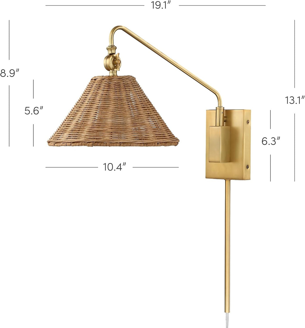 Nathan James Celeste Rattan Wall Light, Modern Farmhouse Wall Mounted Plug in Light, Wall Mount Reading Lamp for Bedside with Rattan Shade