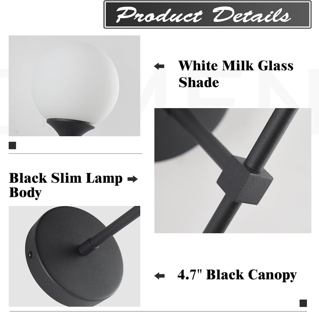 KCO Lighting Farmhouse Matte Black Wall Sconce Set of 2 Vintage Milk White Glass Globe Wall Light Mid Century Modern Bathroom Vanity Light Set of Two Industrial Bar Wall Lamp