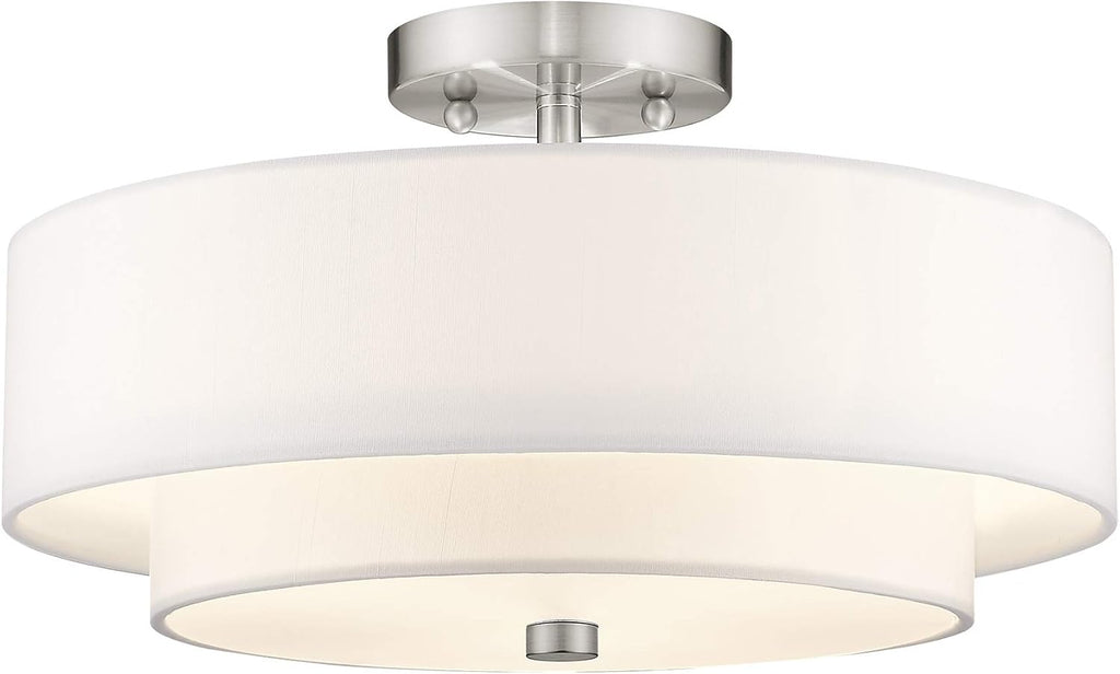 Livex Lighting 51044-91 Brushed Nickel Flush Mount with Off-White Fabric Hardback Shade