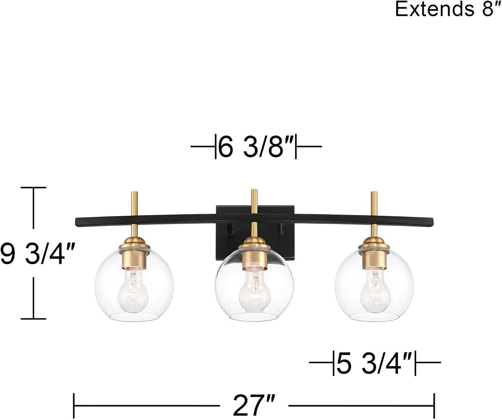 360 Lighting Modern Wall Light Sconce Black Gold Mixed Hardwire 27' 3-Light Fixture Clear Glass Globe Shade for Bedroom Bathroom Bedside Vanity Living Room Home Mirror Hallway Dining Kitchen
