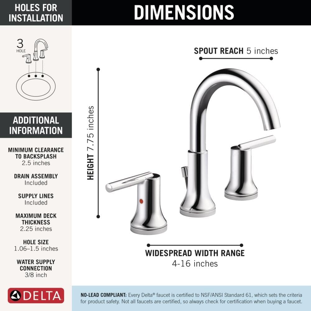 Delta Trinsic Chrome Bathroom Faucet 3 Hole, 8 Inch Widespread Bathroom Sink Faucet for Vanity, Metal Push-Pop Drain Assembly, Chrome 3559-MPU-DST