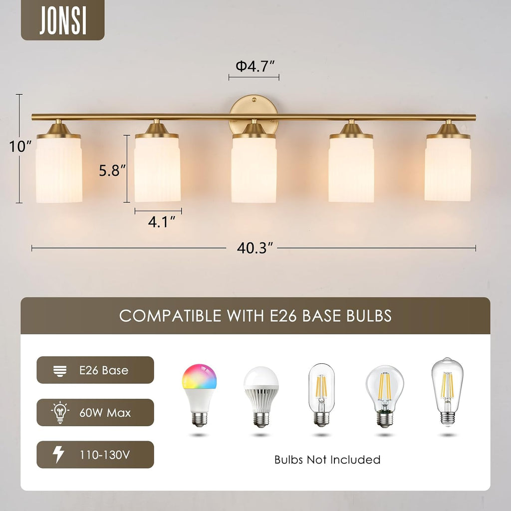 Jonsi Gold Bathroom Light Fixtures 5-Light Vanity Lights Modern Wall Sconce with Milk White Shade Brushed Brass Bathroom Light Fixture Over Mirror for Bedroom Hallway Kitchen