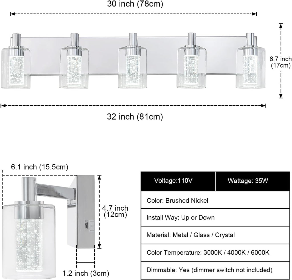 SineRise Vanity Light with 3 Color Modes (3000K/4000K/6000K), Eye Protection LED Bathroom Light Fixture, Dimmable Modern Wall Light Over Mirror with Clear Glass Shade (Chrome, 5-Light)