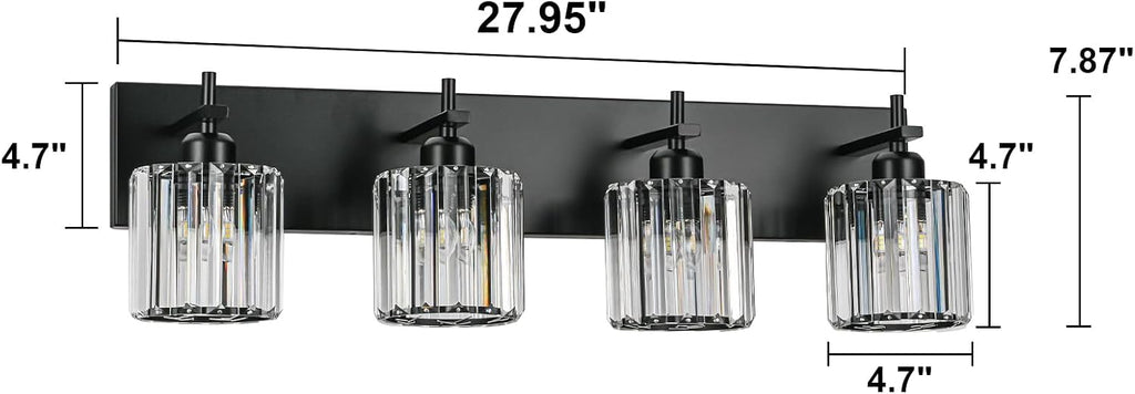 Black Crystal Bathroom Vanity Lights, Modern 4-Lights Bathroom Lighting Fixtures Over Mirror, Crystal Wall Lighting with Round Shade