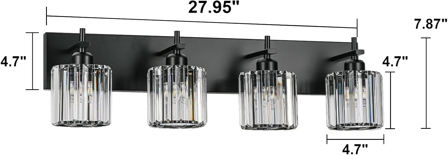 Black Crystal Bathroom Vanity Lights, Modern 4-Lights Bathroom Lighting Fixtures Over Mirror, Crystal Wall Lighting with Round Shade