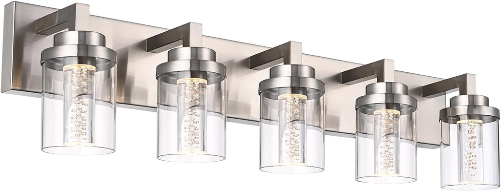 MELUCEE LED Vanity Light Bar 5-Light Bathroom Vanity Light Modern 25W Bath Lamps Over Mirror Brushed Nickel Bathroom Wall Lighting Fixtures with Clear Glass Shade Bubble Crystal Restroom Lighing