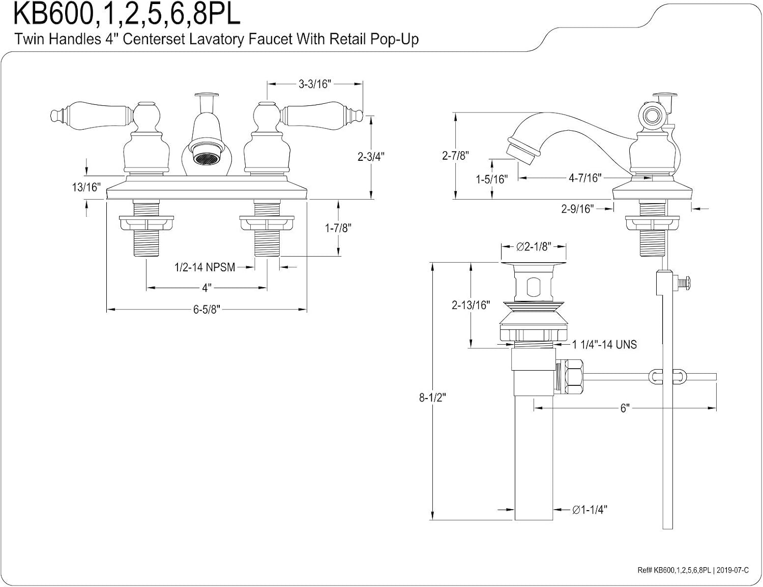Kingston Brass KB602PL Restoration 4-Inch Centerset Lavatory Faucet with Porcelain Lever Handle, Polished Brass